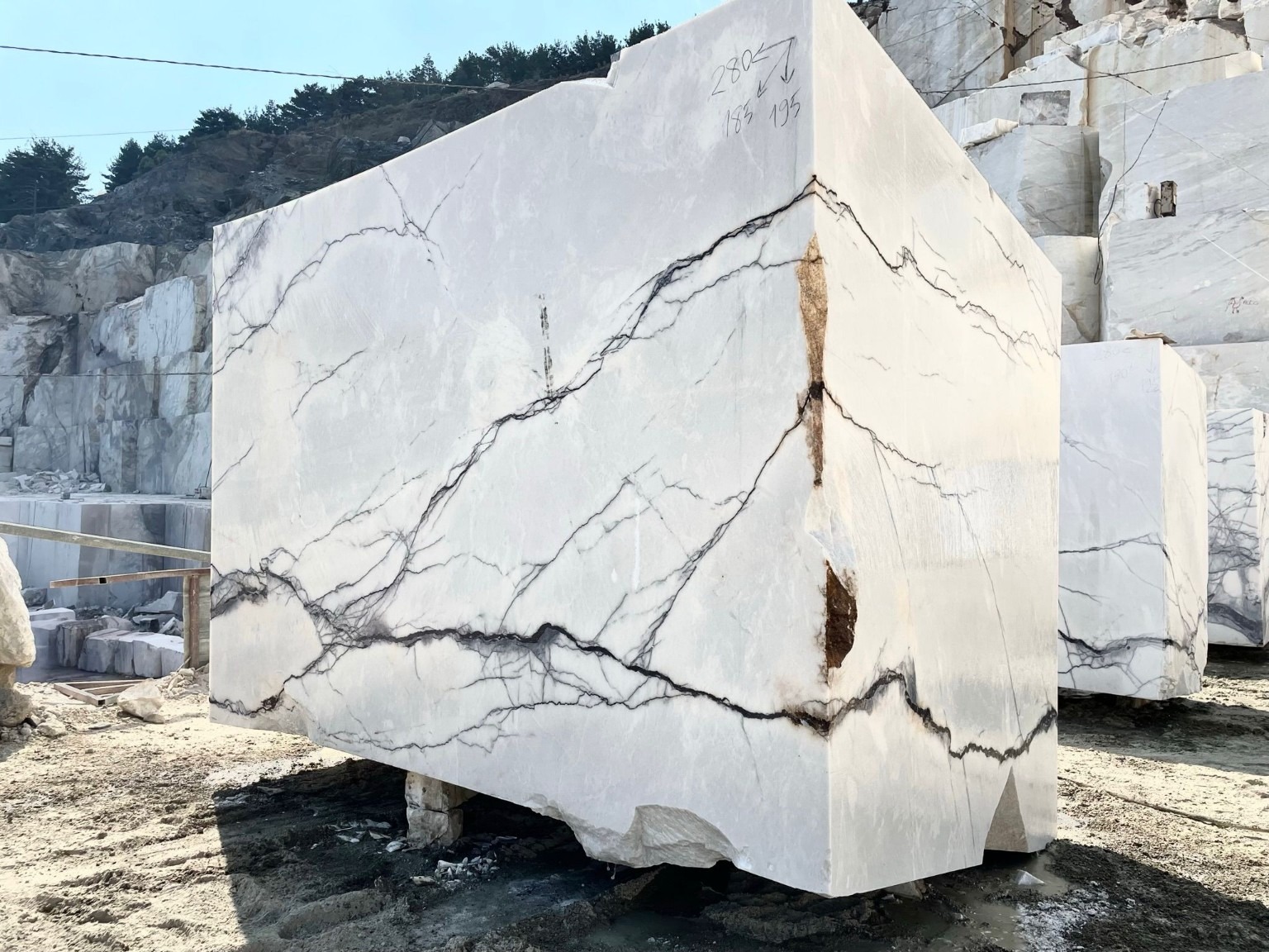 White stone block with dark veins